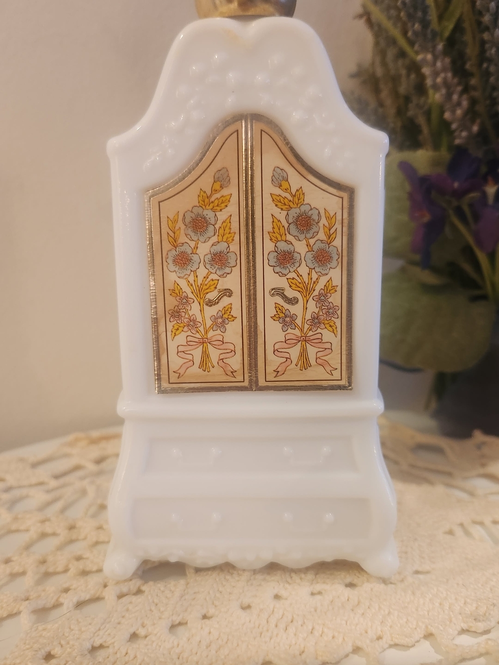 Avon White Milk Glass Floral Cabinet Perfume Bottle EMPTY